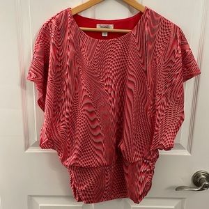 Dress Barn Abstract Coral/Black Bat Wing Lined Dress Blouse